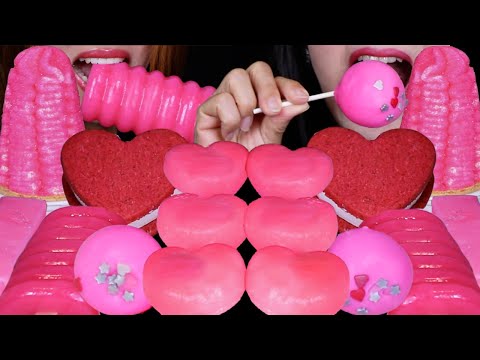 ASMR PINK CAKE POPS, CRYSTAL SUGAR ICE CREAM CONE, STRAWBERRY HEART MOCHI, RED VELVET ICE CREAM 먹방