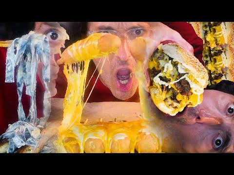 ASMR MESSY EATING NOODLES BURGERS NACHOS TACOS + CHEESE SAUCE ! NO TALKING