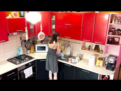 Cleaning the kitchen work area. Cleaning on Fridays with a bagless vacuum cleaner. Clean with me