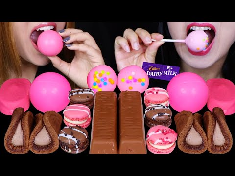 ASMR PINK CAKE POPS, CADBURY BUBBLY CHOCOLATE BARS, PINK BOMB BALL, CREAM CAKES, MINI MACARONS 먹방