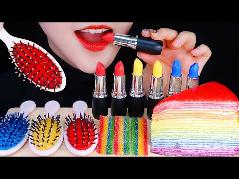ASMR RAINBOW FOOD ASMR EDIBLE LIPSTICK, EDIBLE HAIR BRUSH, RAINBOW CREPE, JELLY MUKBANG