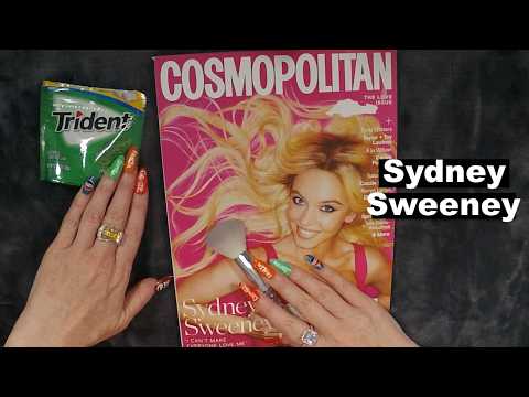 ASMR Gum Chewing Sydney Sweeney Magazine Flip Through | Whispered Page Turning