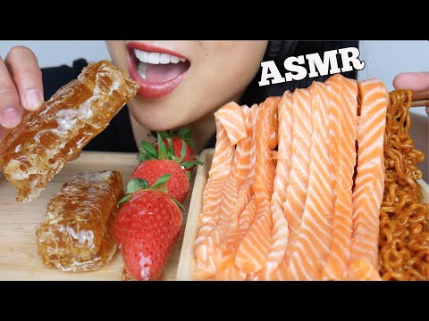 ASMR CANDIED HONEYCOMB STRAWBERRY SALMON NOODLES (EATING SOUNDS) NO TALKING POPULAR FOODS | SAS-ASMR