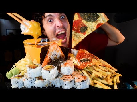 ASMR CHEESE SAUCE SUSHI , GIANT PIZZA AND FRIES MUKBANG ( No Talking ) NOMNOM