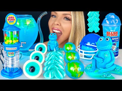 ASMR LIGHT JELLY BLUE DRINK, VAMPIRE GLASS, JAWBREAKER, MERINGUE POPS, GAS PUMP CANDY MUKBANG 먹방 꿀벌