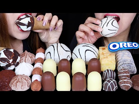 ASMR MILK + WHITE CHOCOLATE MINI MARSHMALLOWS, ZEBRA LAVA CAKE, OREO ICE CREAM, MERINGUE, SNOBALL 먹방