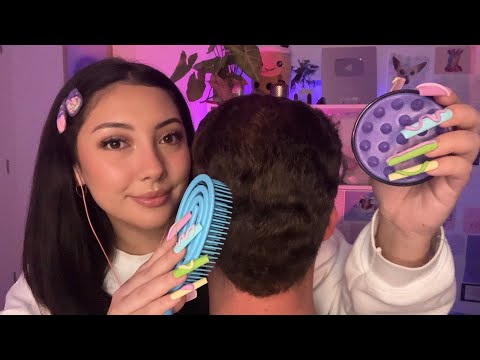 ASMR Head scratching & hair brushing personal attention on my boyfriend 💗