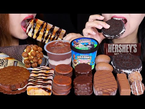 ASMR HERSHEY'S CHOCOLATE BOBA ICE CREAM, OREO ICE CREAM, CHOCOLATE CREAM EGGS, CARAMEL CRUNCH CONE먹방