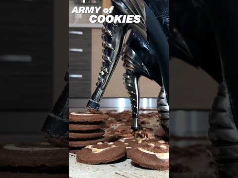 Pea vs. Army of Cookies! Oddly Satisfying Knee High Boots Crushing Food! ASMR