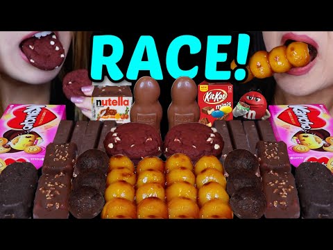 ASMR LEFTOVER DESSERT RACE! DANGO MOCHI, CHOCOLATE CAKE BALLS, KITKAT ICE CREAM, NUTELLA, KINDER 먹방