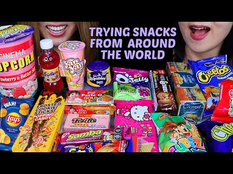 TRYING SNACKS FROM ALL AROUND THE WORLD (Cadbury Oreo Lickables,  Indian Masala, Cheetos, Candy)