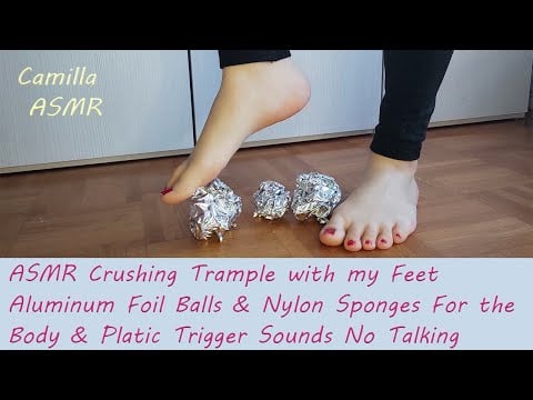 ASMR Crushing Trample with my Feet Aluminum Foil Balls & Nylon Sponge For the Body & Plastic Trigger