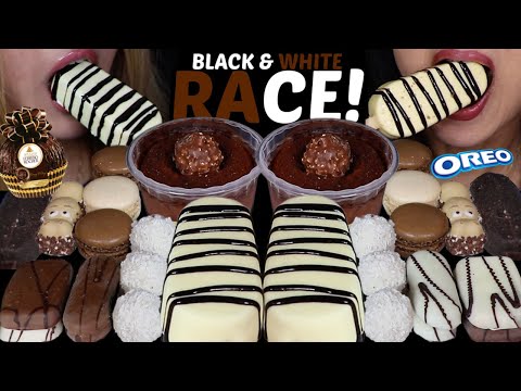 ASMR BLACK & WHITE DESSERT RACE! FERRERO CHOCOLATE MOUSSE CAKE, BIG ICE CREAM BAR, OREO, KINDER 먹방