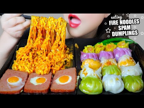 ASMR EATING SAMYANG CARBO NOODLES X DUMPLINGS X FRIED QUAIL EGGS SPAM EATING SOUND | LINH-ASMR