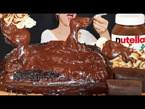 ASMR NUTELLA & CHOCOLATE LAVA FUDGE, PANCAKES, BANANAS (Sticky food sounds) MUKBANG