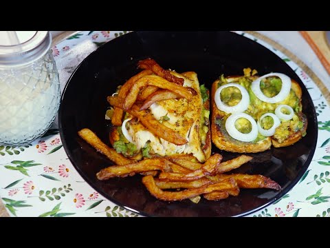 FIsh Onion Avocado Sandwich Topped w/ Fries ASMR Eating Sounds