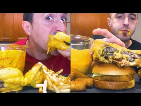 ASMR Eating SUPER CHEESY MCDONALDS vs BURGER KING * stereo mukbang * | nomnomsammieboy 먹방