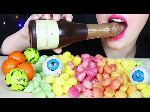 ASMR RAINBOW PUFFS & EDIBLE CHAMPAGNE BOTTLE (Crunchy EATING SOUNDS) No Talking MUKBANG 먹방