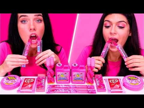 ASMR Pink Food Challenge: Eating Giant Jelly Straws, Bubble Gum Compilation