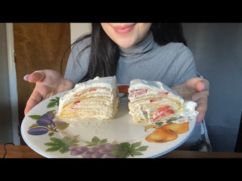 HOMEMADE STRAWBERRY CREPE CAKE ASMR *VERY MESSY*