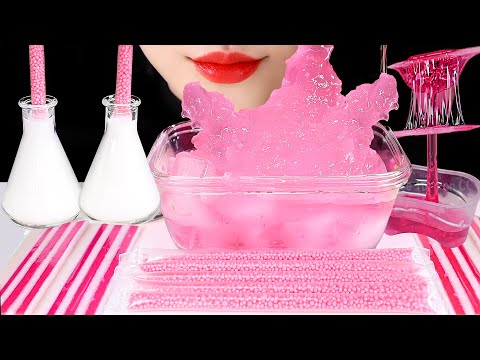 INSTANT ICE ASMR BUBBLE JELLY ASMR PORK BELLY GUM, PINK FOOD MUKBANG ASMR