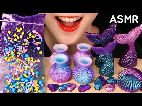 PURPLE FOOD ASMR MERMAID FOOD ASMR WAX CANDY, SHEET JELLY, CHOCOLATE EATING SOUND NO TALKING