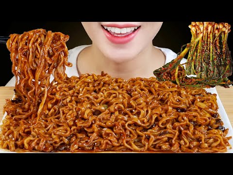 ASMR Spicy Black Bean Noodles | Jjajang Teumsae Ramyun & Scallion Kimchi Eating Sounds | MINEE EATS