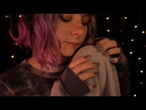 ASMR | gentle Towel Scratching & slow comfy Whispering - Rain Sounds