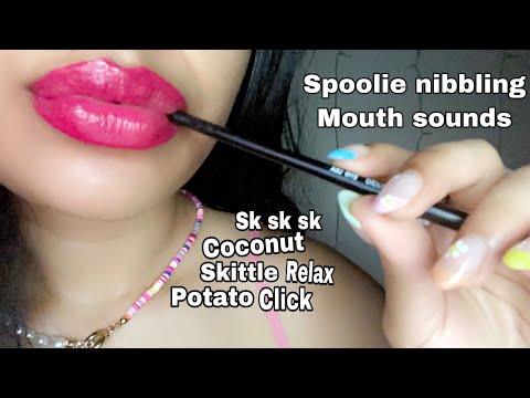 ASMR~  Tingly Trigger Words w/ Wet Mouth Sounds (Spoolie Nibbling & Hand Movements)