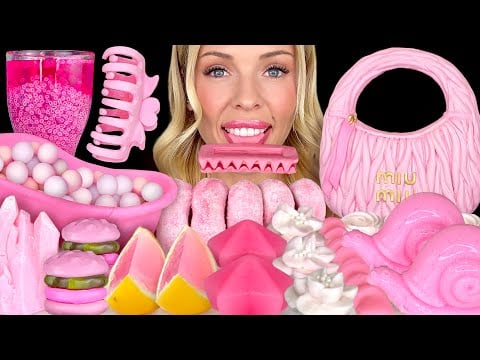 ASMR MUKBANG, Pink Desserts, Edible Miu Miu Purse, Claw Clip, Grapefruit Soda, Candy Jelly Slice 먹방