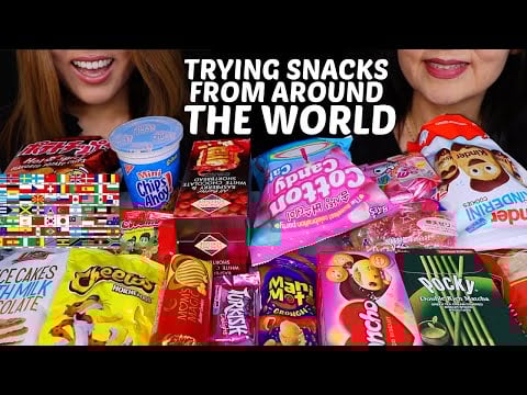 ASMR TRYING SNACKS FROM AROUND THE WORLD! COTTON CANDY CAKE, KINDER COOKIES, TURKISH DELIGHT먹방