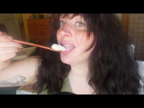 creamy yoghurt eating with wooden spoon, no talking (ASMR, intense mouth sounds, eating sounds)