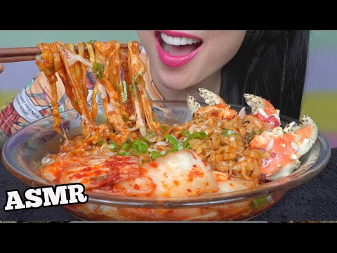 ASMR SPICY CHEESY NOODLES + KING CRAB CLAW + KIMCHI (EATING SOUNDS) NO TALKING | SAS-ASMR