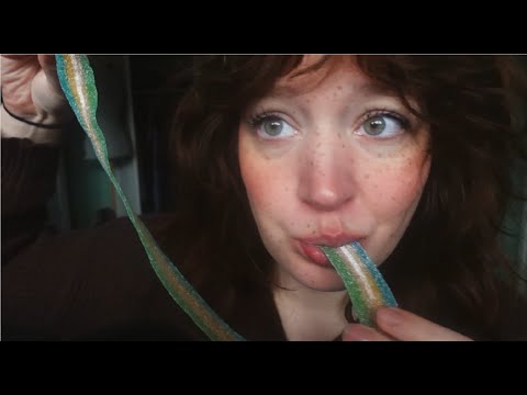 ASMR eating chewy candy and chatting (whispers, eating/mouth sounds, close up)