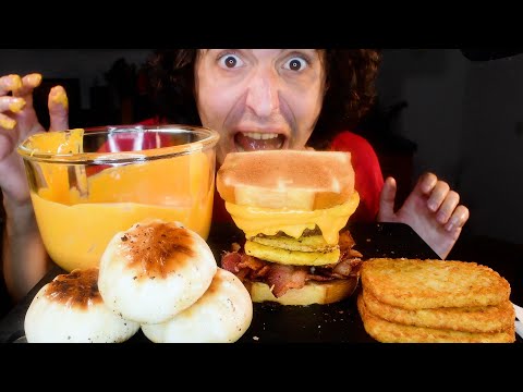 CHEESY BREAKFAST FEAST! BURGERS  FRIED BAO HASH BROWNS *ASMR MUKBANG NO TALKING * NOMNOMSAMMIEBOY