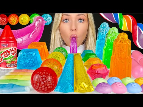 ASMR RAINBOW FOOD MUKBANG, LEMON JELLO FREEZIE, SKITTLES GUMMIES, BASIL SEED DRINK SOUND EFFECT 먹방