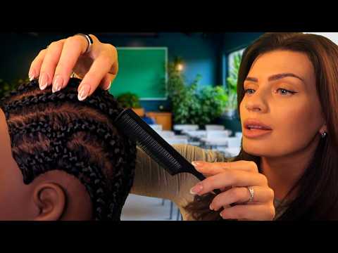 ASMR - Scratching Your Itchy Scalp and Oiling Your Braids in the back of the class 💙 (roleplay)