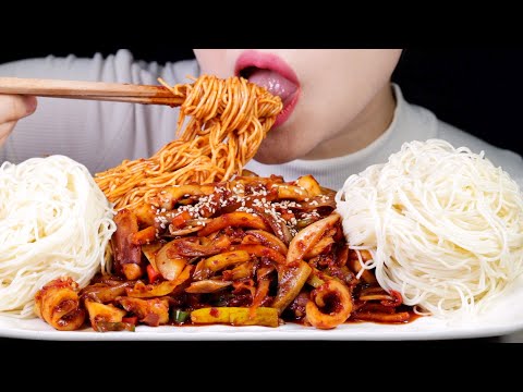 ASMR MUKBANG | Spicy Stir Fried Squid with Somyeon Noodles | Ojingeo-bokkeum | Korean Food