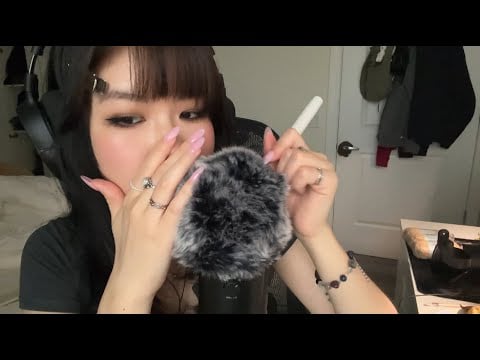 ASMR mic brushing & touching // mouth sounds and repeating words