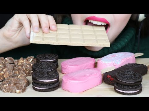 ASMR STRAWBERRY CHEESECAKE OREOS, BUBBLE GUM ICE CREAM BARS & VEGAN CHOCOLATE (Eating Sounds)