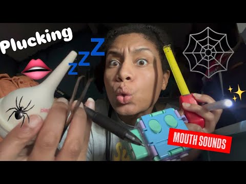 ASMR - Spiderweb Plucking Mouth Sounds With Lights & Measuring