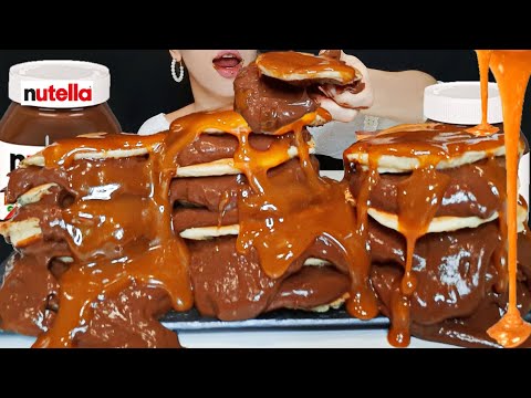 ASMR NUTELLA CARAMEL PANCAKES 누텔라 팬케이크 ヌテラパンケーキ MUKBANG (Eating Sounds)