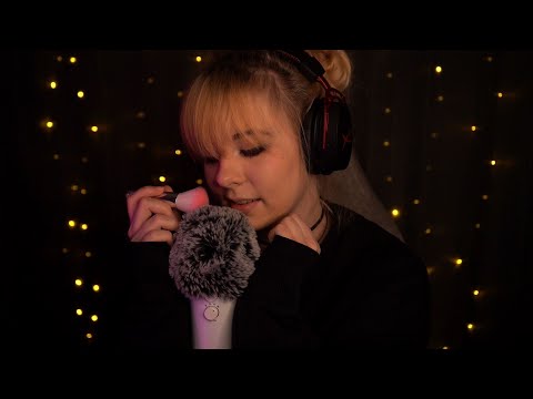 ASMR | "sleepy" whispering, soft fluffy mic brushing - rain, fireplace crackling