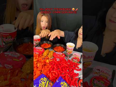 10x spicy tteokbokki and cheesy corn dog race! #food #eating #mukbang #noodles #shorts