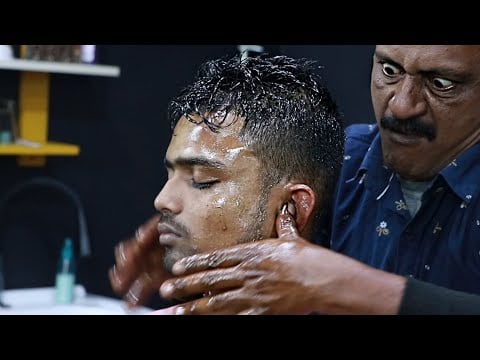 Lots Of Oil Ear Finger By Big Eyes Barber | 4 Times Neck Crack And Ear Crack | Oil Head Massage ASMR