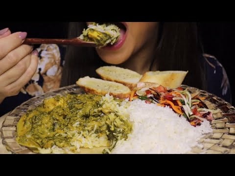 ASMR DELICIOUS INDIAN FOOD PALAK CHICKEN RICE SALAD GARLIC BREAD MUKBANG #asmr #indianfood #mukbang