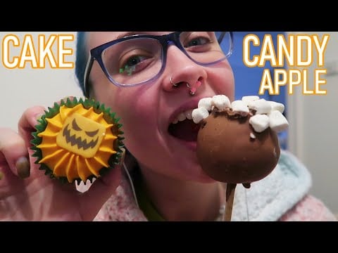 ASMR Eating Rocky Road Chocolate Candy Apple & Halloween Cupcakes 🎃