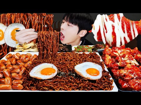 ASMR MUKBANG 슈프림 양념 치킨 불닭게티 짜파게티+불닭볶음면 먹방 & 레시피 Buldak+Chapagetti, CHICKEN EATING SOUND!