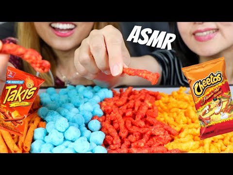 ASMR FLAMIN HOT SPICY CHEETOS & TAKIS & COTTON CANDY BALLS | CRUNCHY EATING SOUNDS