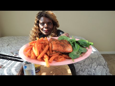 FRESH BAKE SALMON SWEET POTATO FRIES ASMR EATING SOUNDS